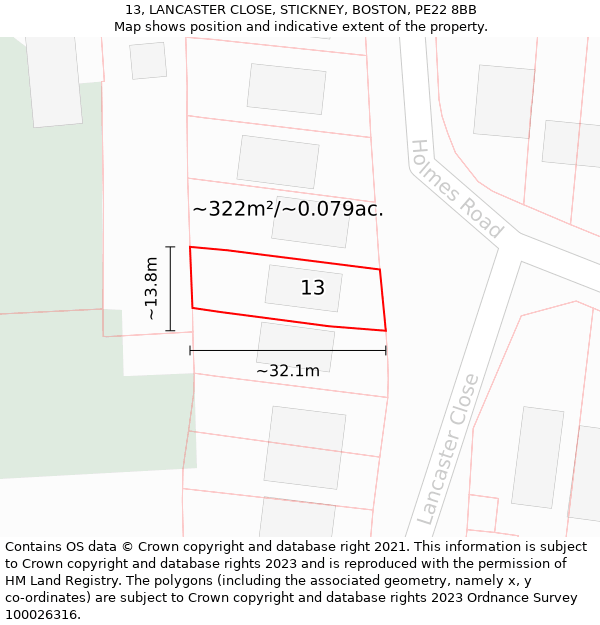 13, LANCASTER CLOSE, STICKNEY, BOSTON, PE22 8BB: Plot and title map