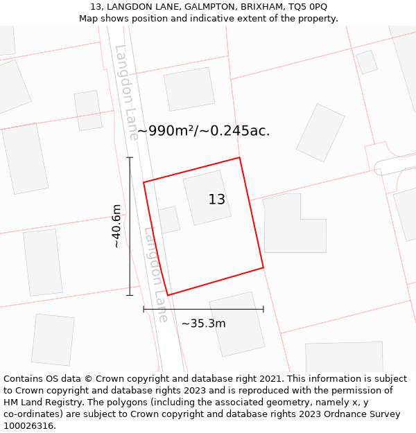 13, LANGDON LANE, GALMPTON, BRIXHAM, TQ5 0PQ: Plot and title map