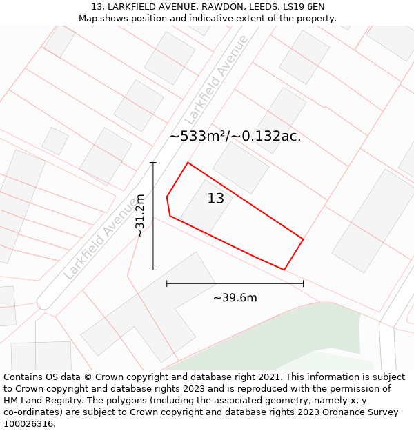 13, LARKFIELD AVENUE, RAWDON, LEEDS, LS19 6EN: Plot and title map