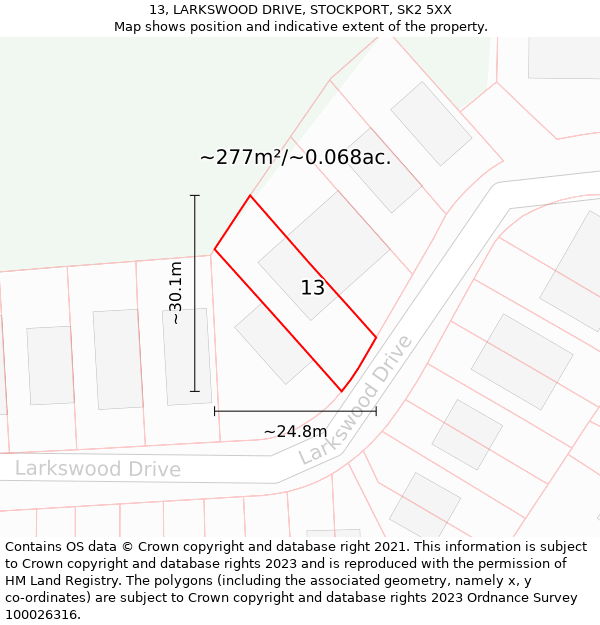 13, LARKSWOOD DRIVE, STOCKPORT, SK2 5XX: Plot and title map