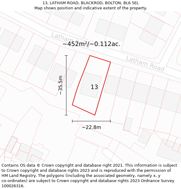 13, LATHAM ROAD, BLACKROD, BOLTON, BL6 5EL: Plot and title map