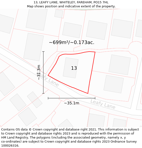 13, LEAFY LANE, WHITELEY, FAREHAM, PO15 7HL: Plot and title map