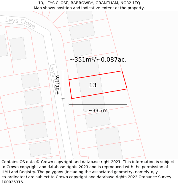 13, LEYS CLOSE, BARROWBY, GRANTHAM, NG32 1TQ: Plot and title map