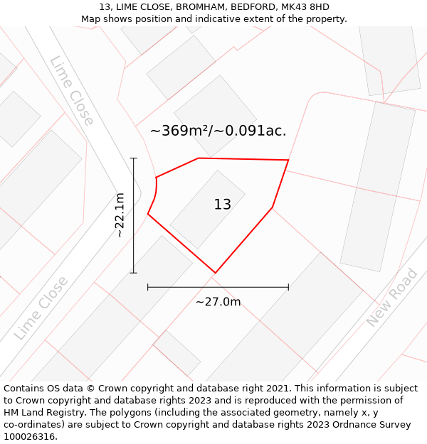 13, LIME CLOSE, BROMHAM, BEDFORD, MK43 8HD: Plot and title map