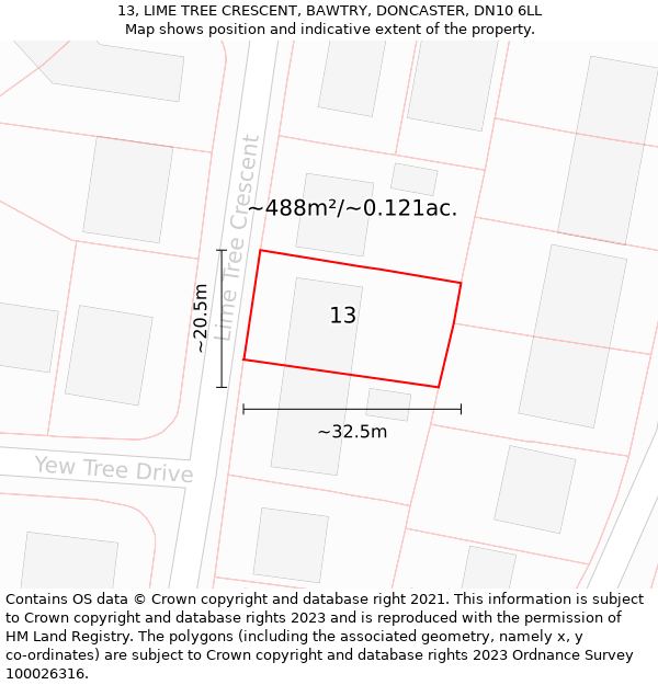 13, LIME TREE CRESCENT, BAWTRY, DONCASTER, DN10 6LL: Plot and title map