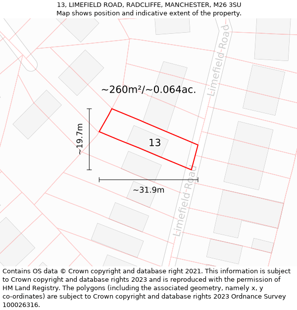 13, LIMEFIELD ROAD, RADCLIFFE, MANCHESTER, M26 3SU: Plot and title map