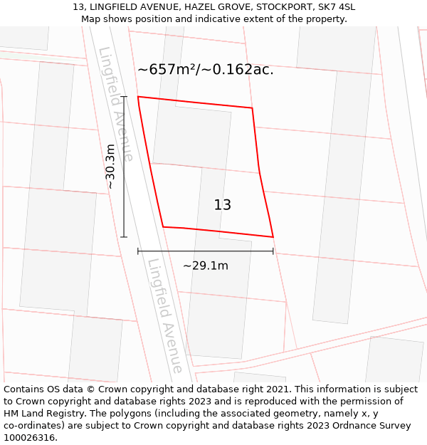 13, LINGFIELD AVENUE, HAZEL GROVE, STOCKPORT, SK7 4SL: Plot and title map