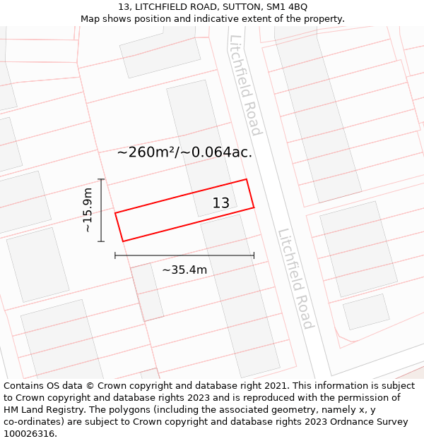 13, LITCHFIELD ROAD, SUTTON, SM1 4BQ: Plot and title map