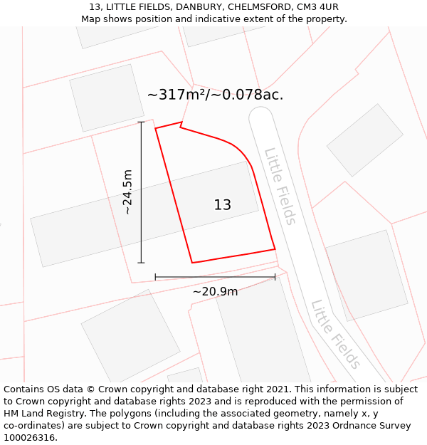 13, LITTLE FIELDS, DANBURY, CHELMSFORD, CM3 4UR: Plot and title map