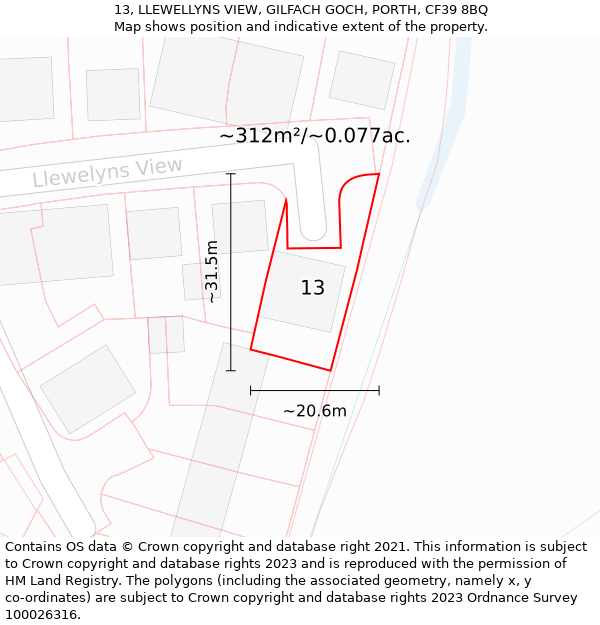 13, LLEWELLYNS VIEW, GILFACH GOCH, PORTH, CF39 8BQ: Plot and title map