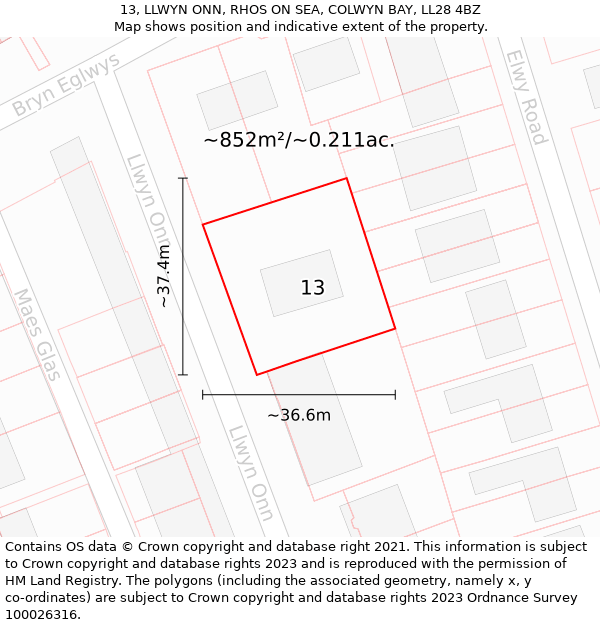 13, LLWYN ONN, RHOS ON SEA, COLWYN BAY, LL28 4BZ: Plot and title map