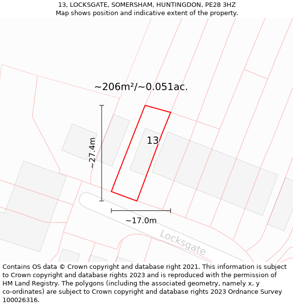 13, LOCKSGATE, SOMERSHAM, HUNTINGDON, PE28 3HZ: Plot and title map