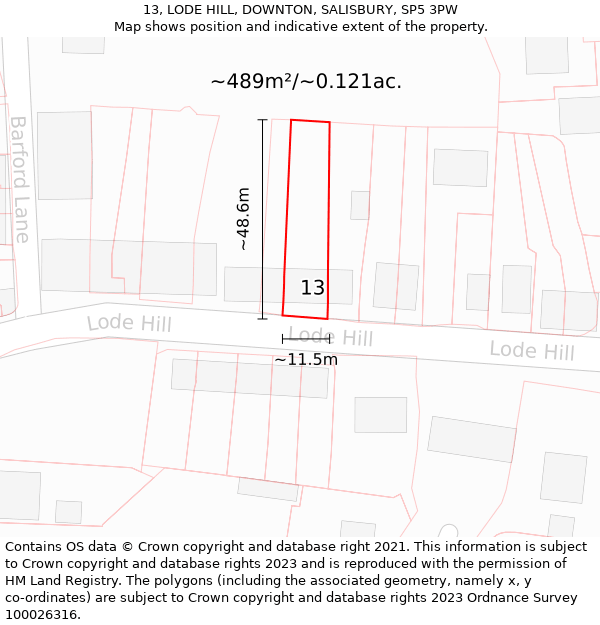 13, LODE HILL, DOWNTON, SALISBURY, SP5 3PW: Plot and title map
