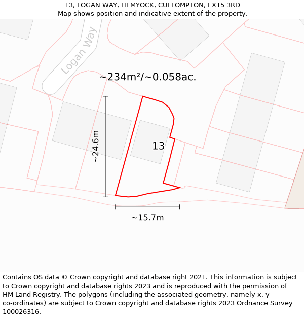 13, LOGAN WAY, HEMYOCK, CULLOMPTON, EX15 3RD: Plot and title map