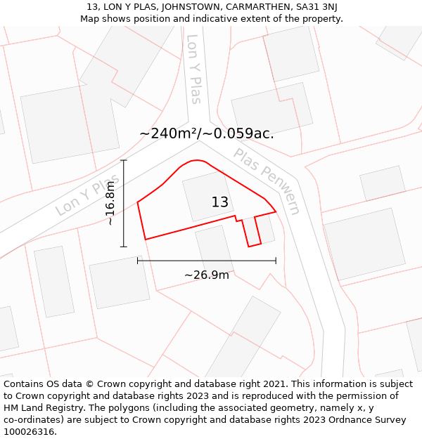 13, LON Y PLAS, JOHNSTOWN, CARMARTHEN, SA31 3NJ: Plot and title map