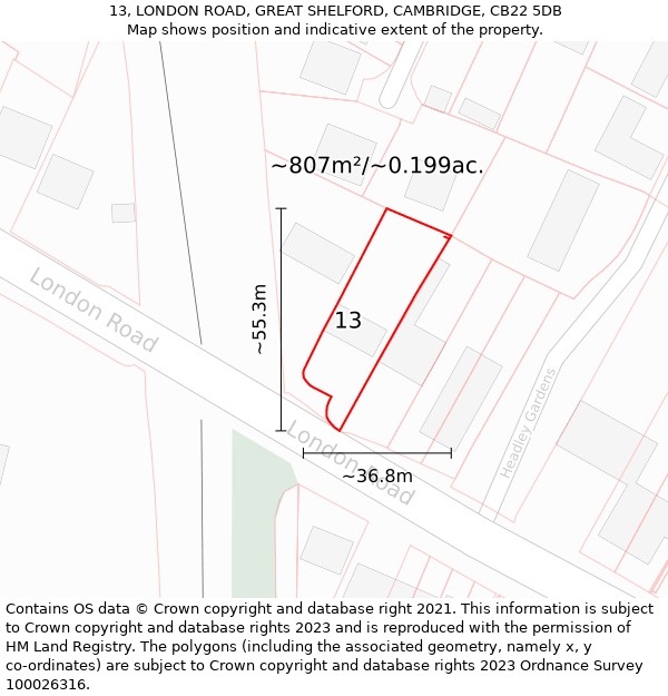 13, LONDON ROAD, GREAT SHELFORD, CAMBRIDGE, CB22 5DB: Plot and title map