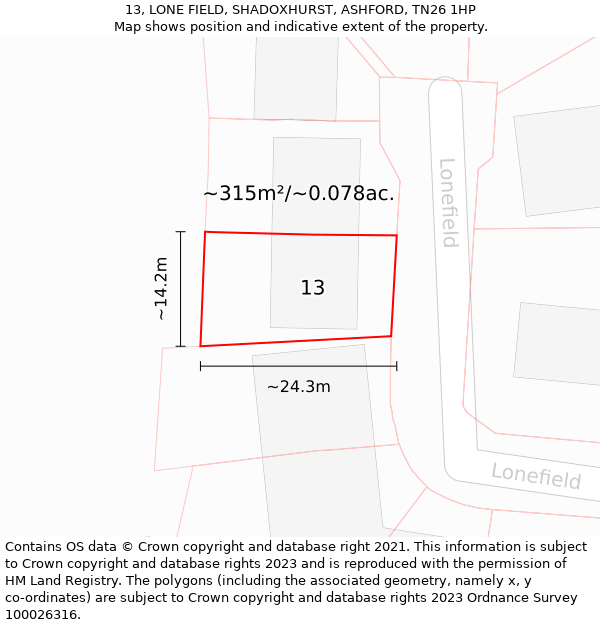 13, LONE FIELD, SHADOXHURST, ASHFORD, TN26 1HP: Plot and title map