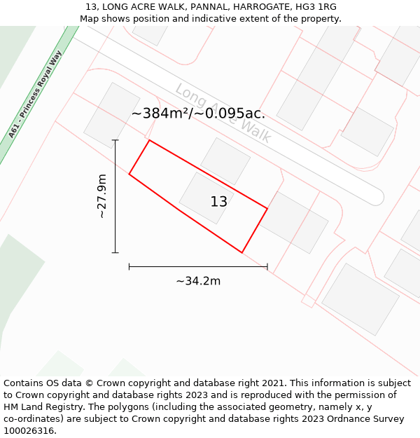 13, LONG ACRE WALK, PANNAL, HARROGATE, HG3 1RG: Plot and title map