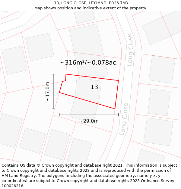 13, LONG CLOSE, LEYLAND, PR26 7AB: Plot and title map