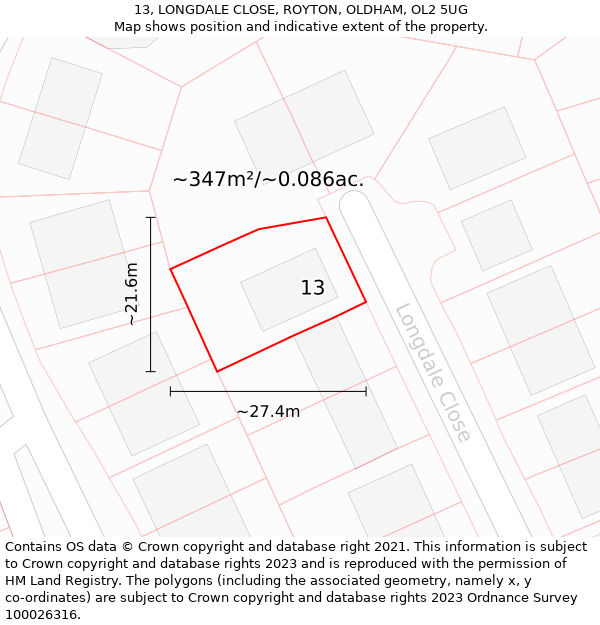 13, LONGDALE CLOSE, ROYTON, OLDHAM, OL2 5UG: Plot and title map