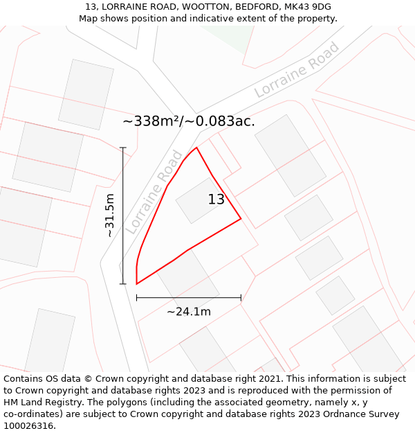 13, LORRAINE ROAD, WOOTTON, BEDFORD, MK43 9DG: Plot and title map