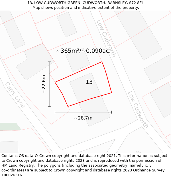 13, LOW CUDWORTH GREEN, CUDWORTH, BARNSLEY, S72 8EL: Plot and title map