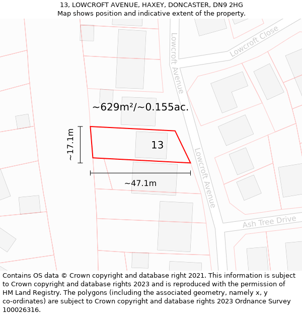 13, LOWCROFT AVENUE, HAXEY, DONCASTER, DN9 2HG: Plot and title map