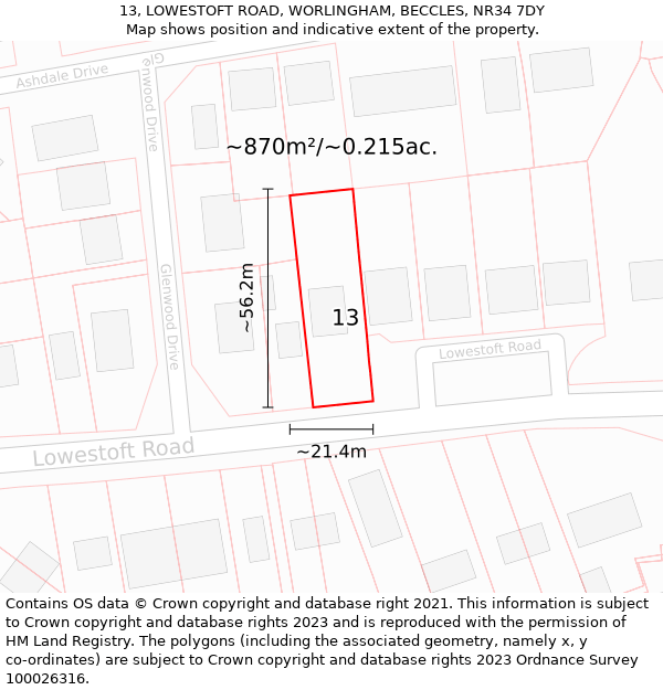 13, LOWESTOFT ROAD, WORLINGHAM, BECCLES, NR34 7DY: Plot and title map