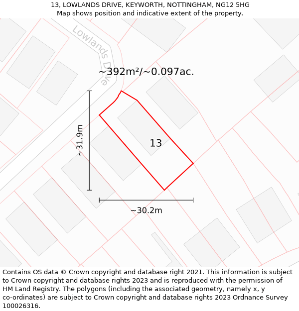 13, LOWLANDS DRIVE, KEYWORTH, NOTTINGHAM, NG12 5HG: Plot and title map