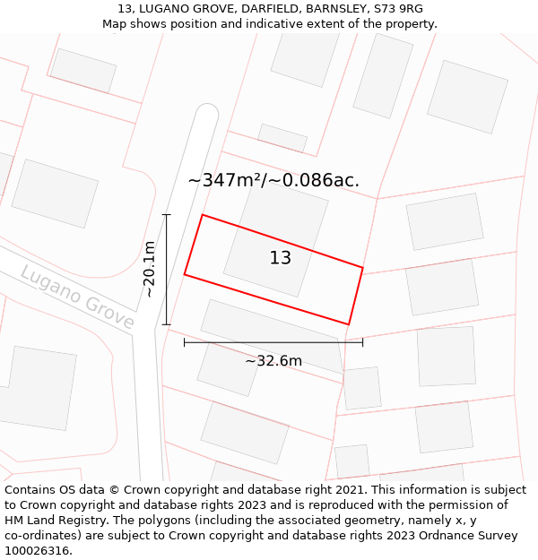 13, LUGANO GROVE, DARFIELD, BARNSLEY, S73 9RG: Plot and title map