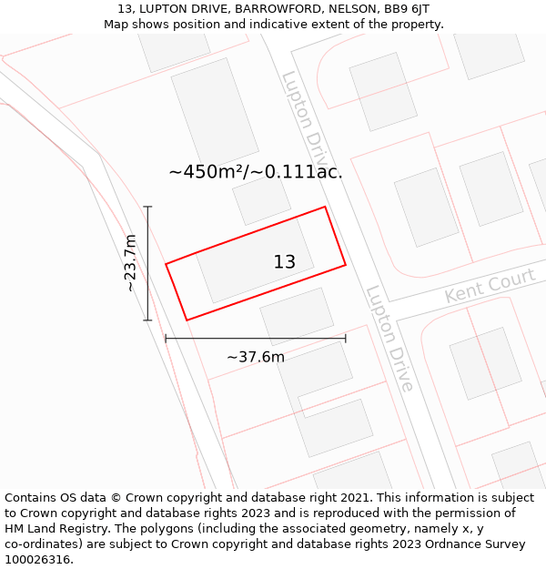 13, LUPTON DRIVE, BARROWFORD, NELSON, BB9 6JT: Plot and title map