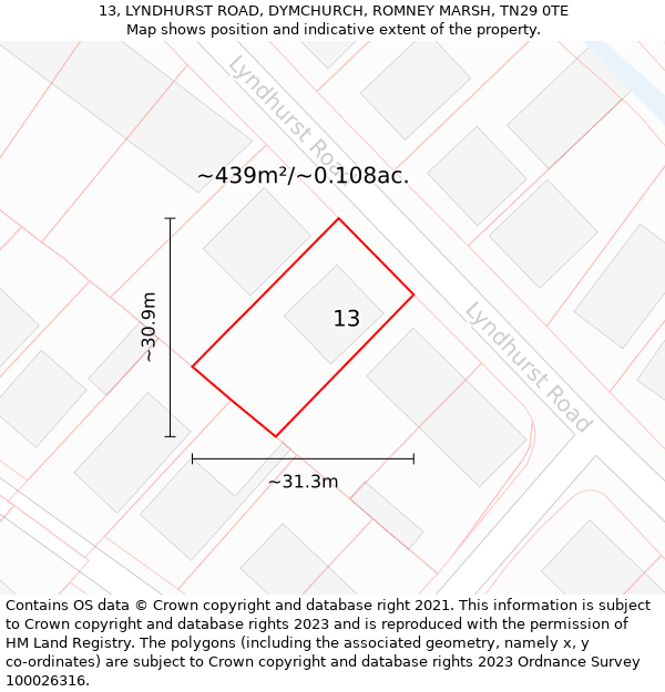 13, LYNDHURST ROAD, DYMCHURCH, ROMNEY MARSH, TN29 0TE: Plot and title map
