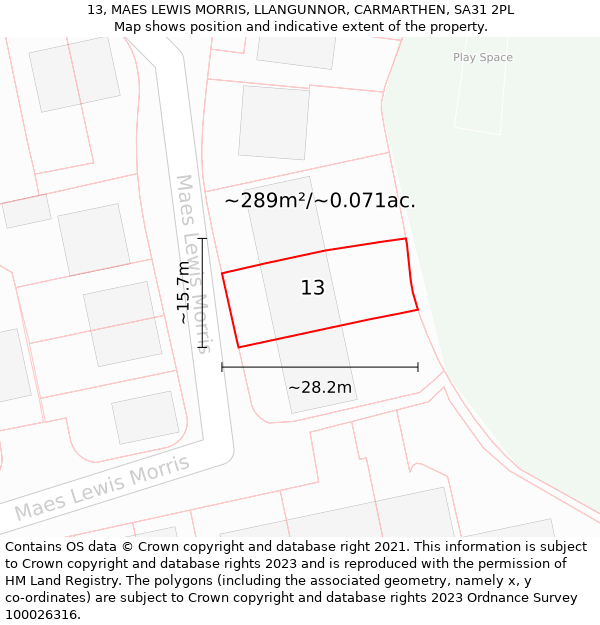 13, MAES LEWIS MORRIS, LLANGUNNOR, CARMARTHEN, SA31 2PL: Plot and title map