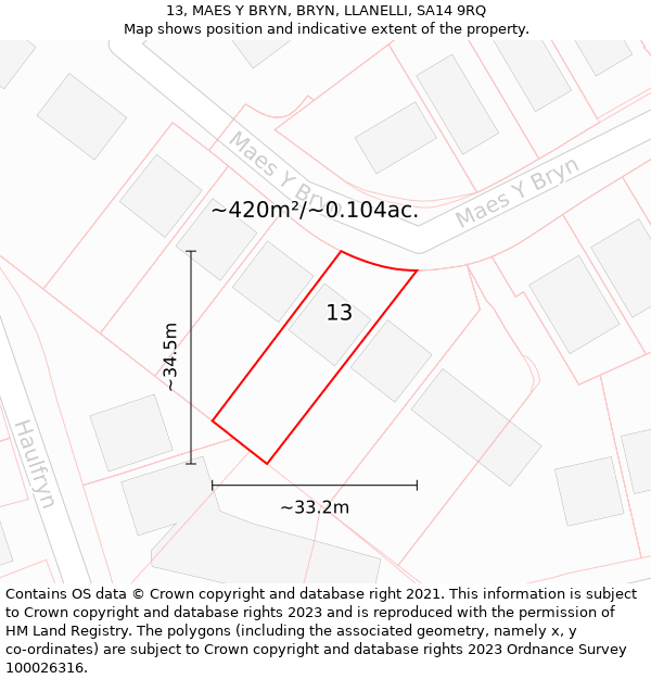 13, MAES Y BRYN, BRYN, LLANELLI, SA14 9RQ: Plot and title map