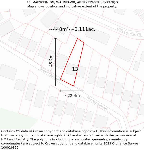 13, MAESCEINION, WAUNFAWR, ABERYSTWYTH, SY23 3QQ: Plot and title map