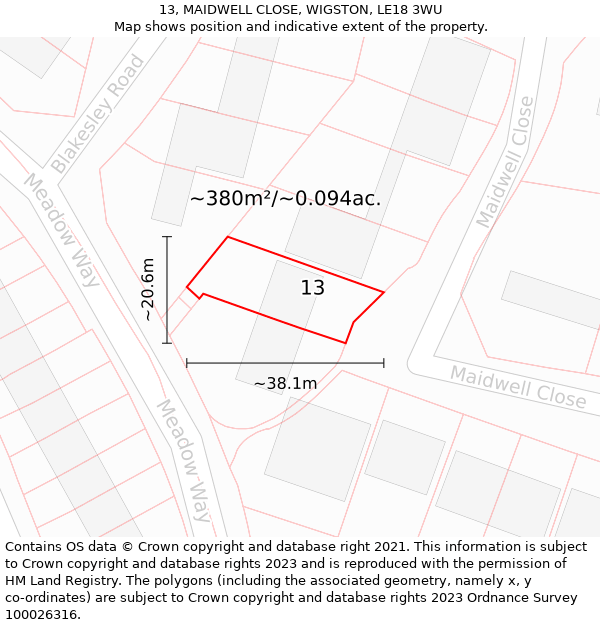 13, MAIDWELL CLOSE, WIGSTON, LE18 3WU: Plot and title map