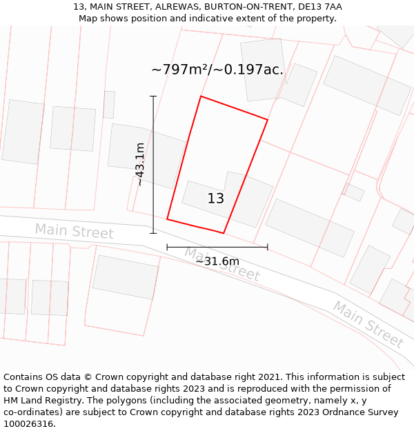 13, MAIN STREET, ALREWAS, BURTON-ON-TRENT, DE13 7AA: Plot and title map