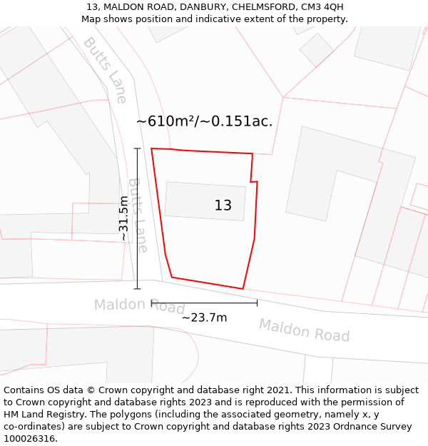 13, MALDON ROAD, DANBURY, CHELMSFORD, CM3 4QH: Plot and title map