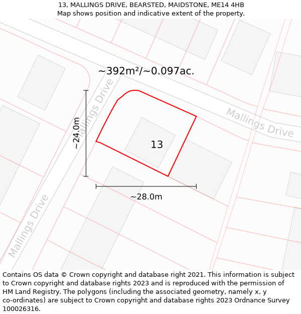 13, MALLINGS DRIVE, BEARSTED, MAIDSTONE, ME14 4HB: Plot and title map