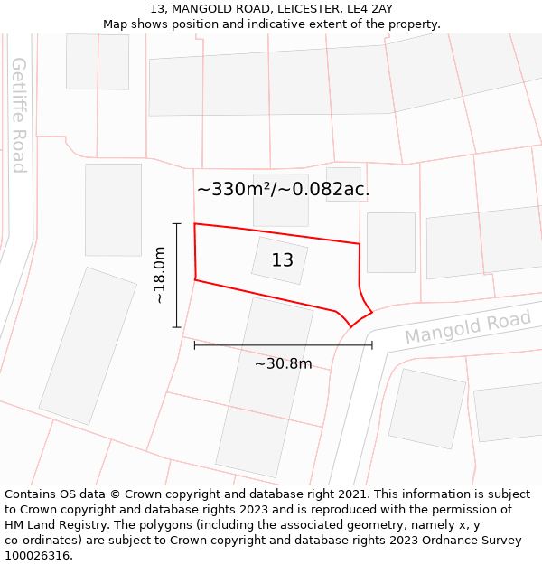 13, MANGOLD ROAD, LEICESTER, LE4 2AY: Plot and title map