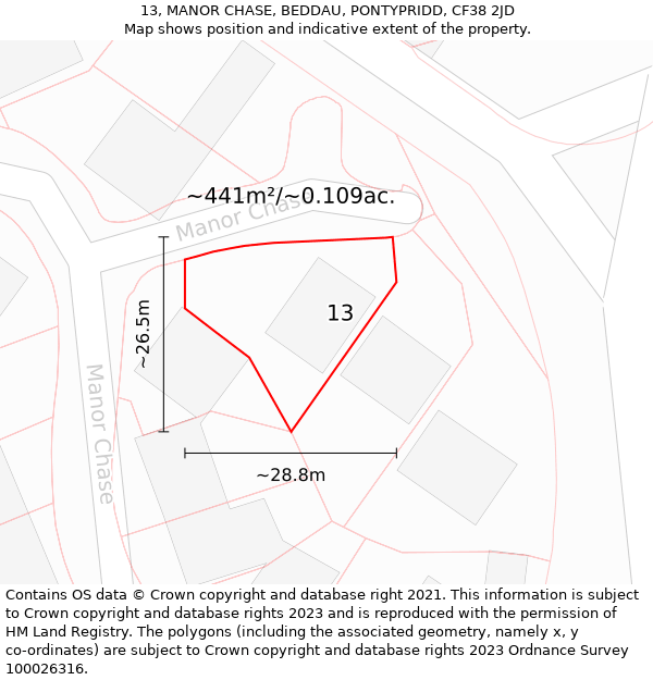 13, MANOR CHASE, BEDDAU, PONTYPRIDD, CF38 2JD: Plot and title map