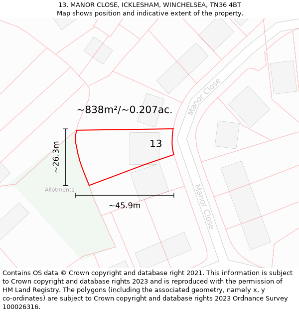 13, MANOR CLOSE, ICKLESHAM, WINCHELSEA, TN36 4BT: Plot and title map