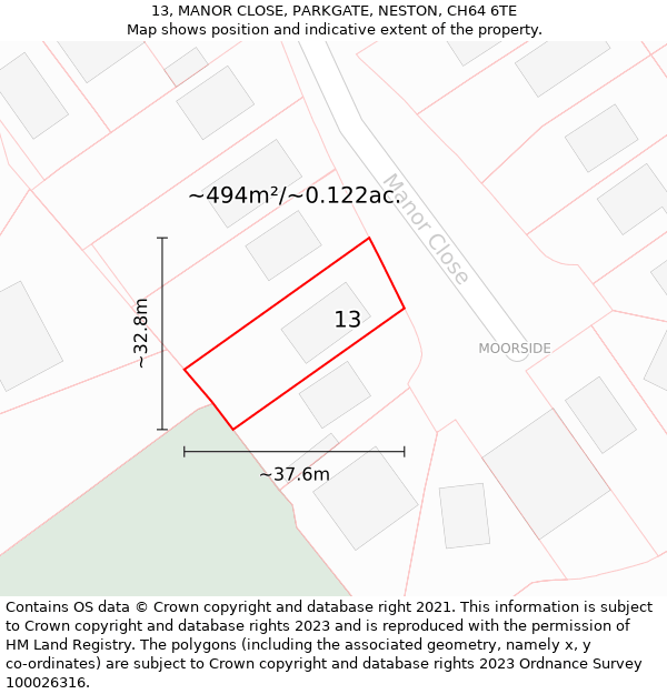 13, MANOR CLOSE, PARKGATE, NESTON, CH64 6TE: Plot and title map