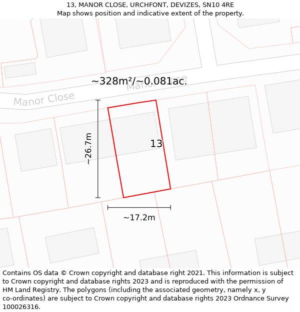 13, MANOR CLOSE, URCHFONT, DEVIZES, SN10 4RE: Plot and title map