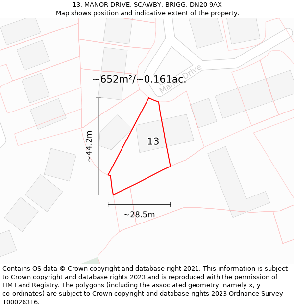 13, MANOR DRIVE, SCAWBY, BRIGG, DN20 9AX: Plot and title map