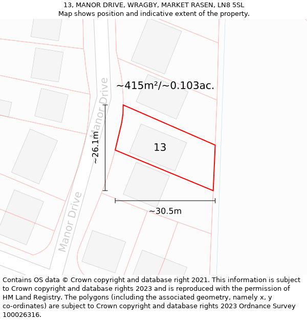 13, MANOR DRIVE, WRAGBY, MARKET RASEN, LN8 5SL: Plot and title map