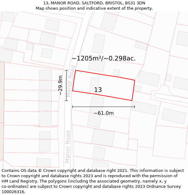 13, MANOR ROAD, SALTFORD, BRISTOL, BS31 3DN: Plot and title map