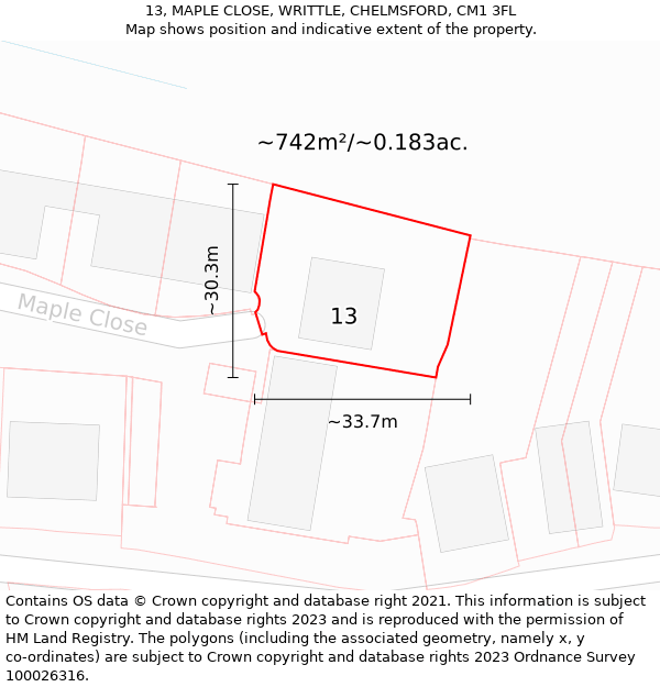 13, MAPLE CLOSE, WRITTLE, CHELMSFORD, CM1 3FL: Plot and title map