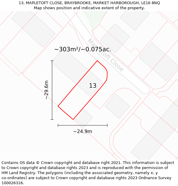 13, MAPLETOFT CLOSE, BRAYBROOKE, MARKET HARBOROUGH, LE16 8NQ: Plot and title map