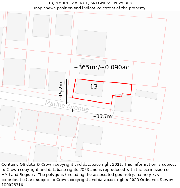 13, MARINE AVENUE, SKEGNESS, PE25 3ER: Plot and title map